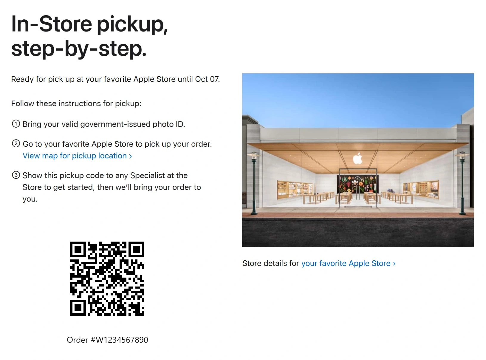 A pickup instructions picture: ready for pickup at your favorite Apple Store until the pick-up-by date, the pickup steps, a QR code and the order number (sample, QR scrambled)